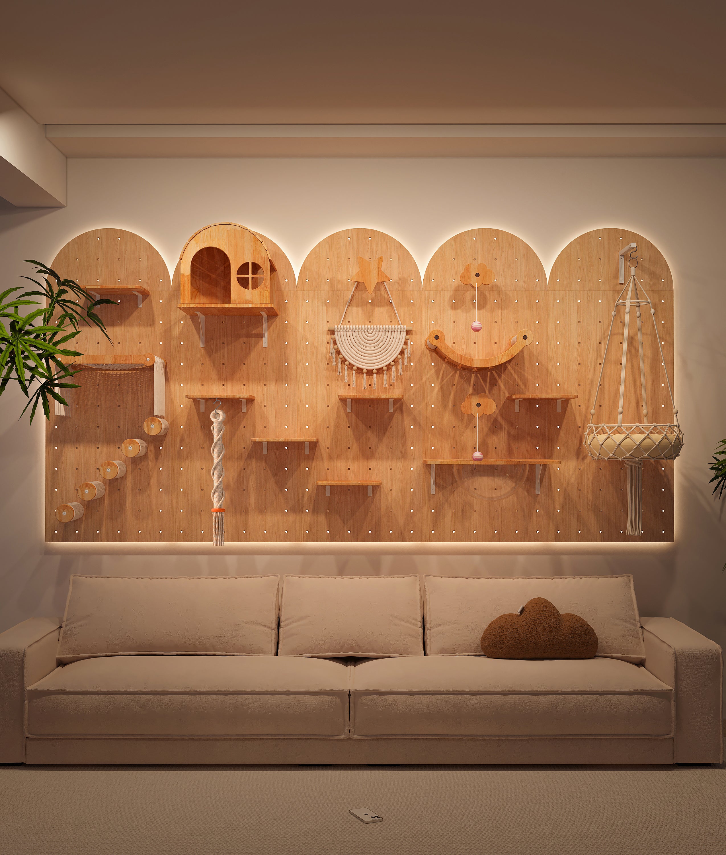 Wooden cat wall with decorative elements in a living room setting.