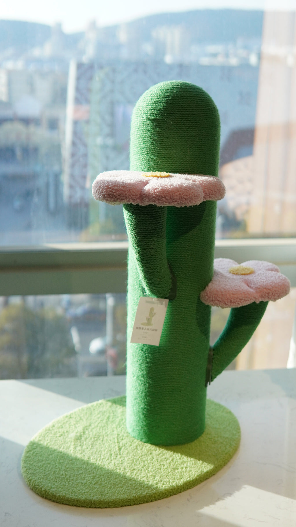 Cactus Cat Scratcher - full view with pink flower perches