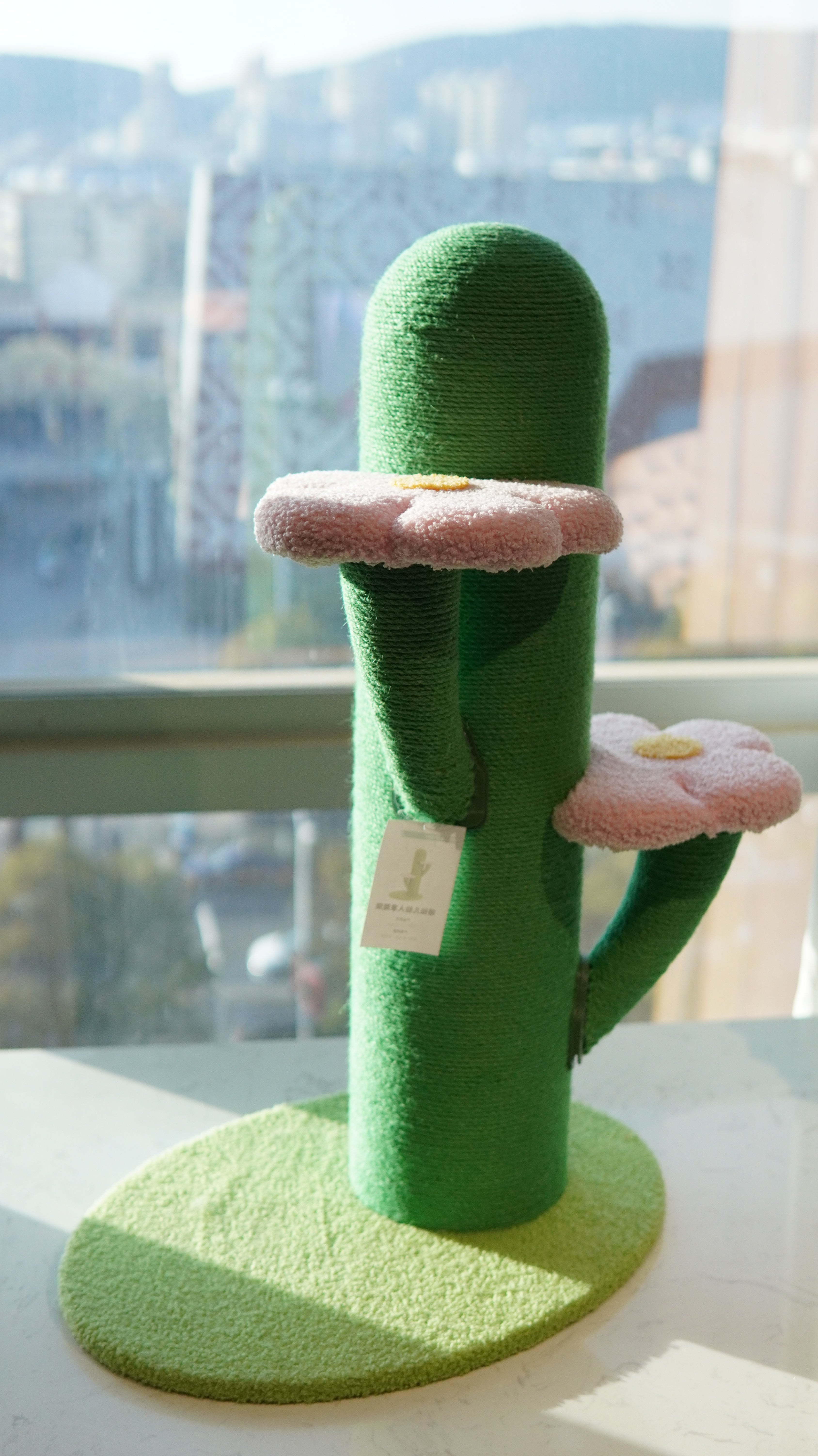 Cactus Cat Scratcher - full view with pink flower perches