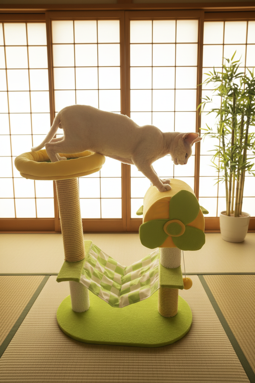 White Devon Rex cat playing with dangling toy on cat tree in zen living room