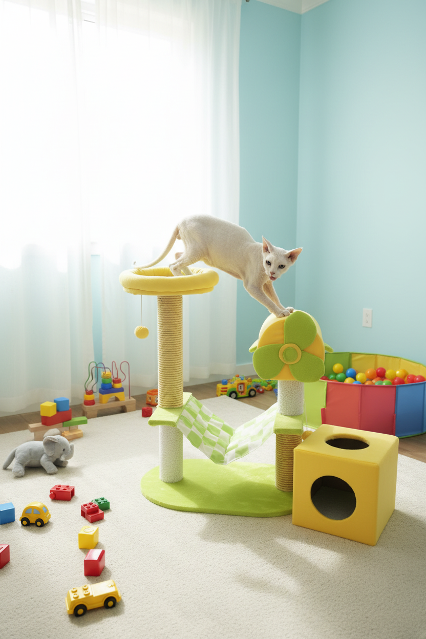 Green and yellow cat tree in a bright kids playroom