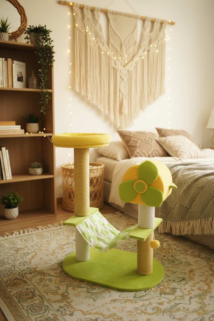 Green and yellow cat tree in a cozy bohemian bedroom