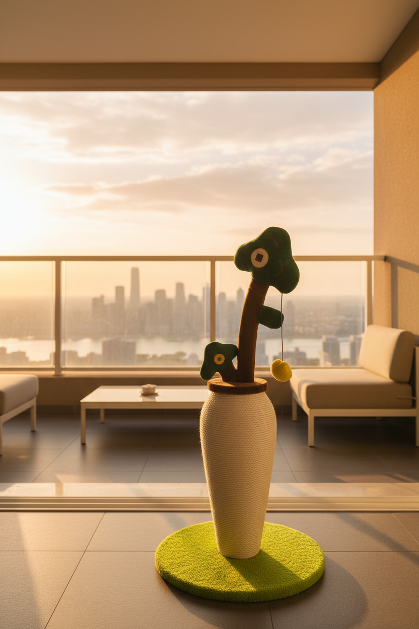 Cactus Vase Cat Scratcher on golden hour balcony