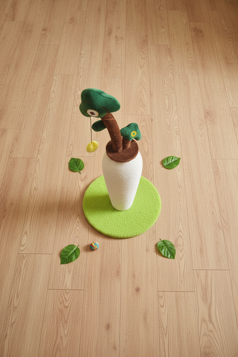 Cactus Vase Cat Scratcher flat lay on oak floor