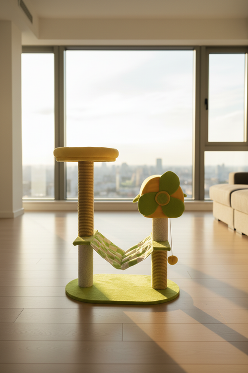 Green and yellow cat tree in a modern minimalist apartment