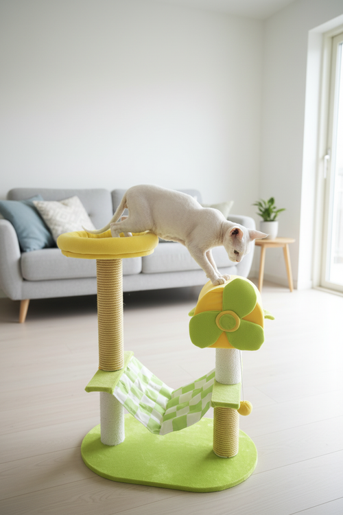 Green and yellow cat tree in a bright Scandinavian living room