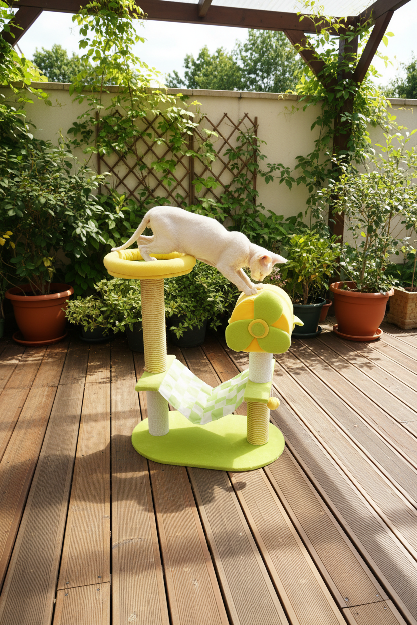 Green and yellow cat tree on a sunny garden patio