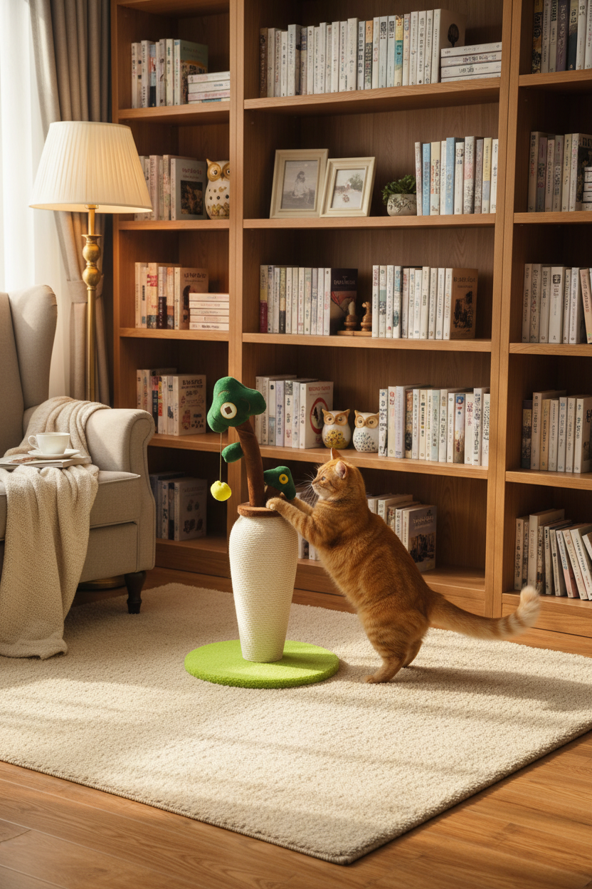 Cactus Vase Cat Scratcher in cozy reading nook