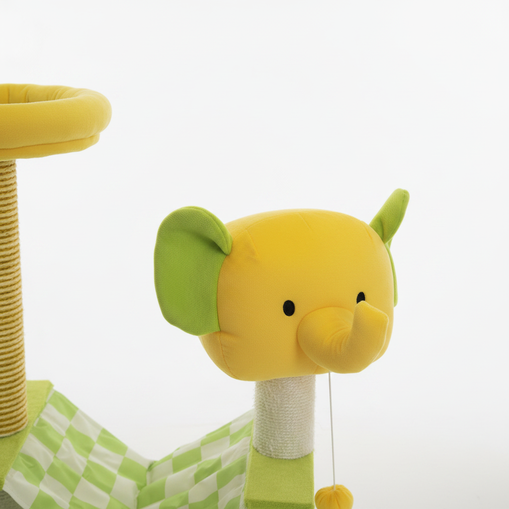 Close-up detail of sisal scratching post, yellow ring perch, and elephant toy