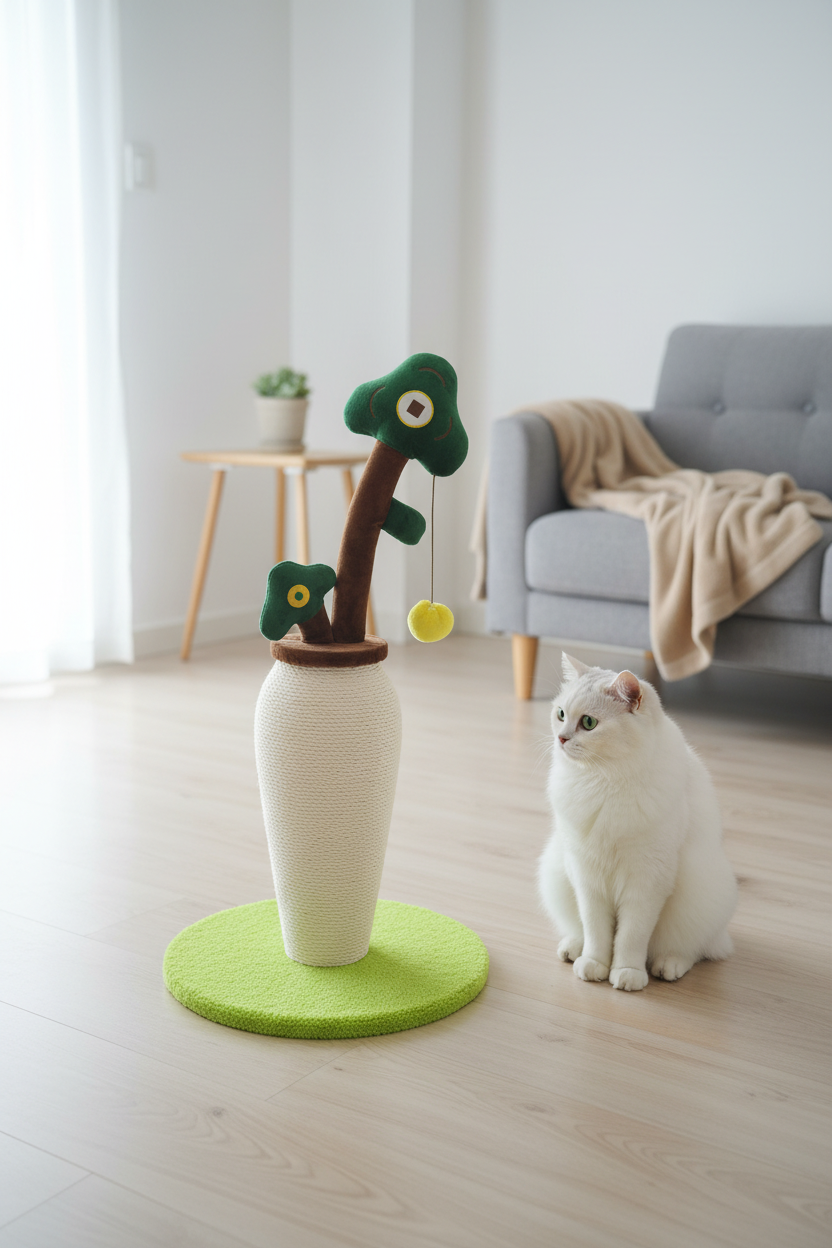 Scandinavian Living Room with White Cat
